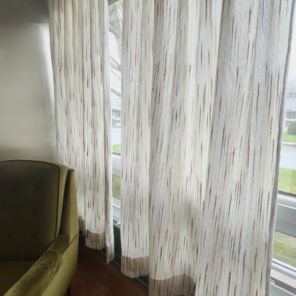 Vintage 1970s pleated curtains, beige & tan vertical stripes, pair of panels - Picture 2 of 10